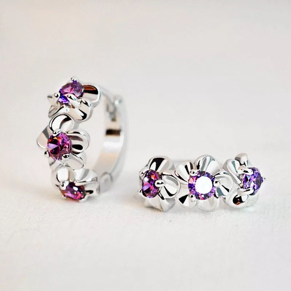 New Sterling Silver 925 flower huggie hoop earrings set